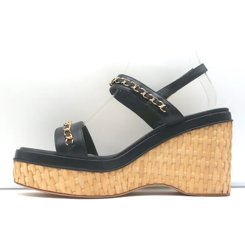 Chanel 20C CC Chain Wicker Platform Wedge Sandals Black Leather Size 39.5 NEW