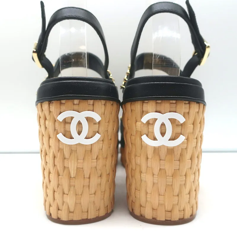 Chanel 20C CC Chain Wicker Platform Wedge Sandals Black Leather Size 39.5 NEW