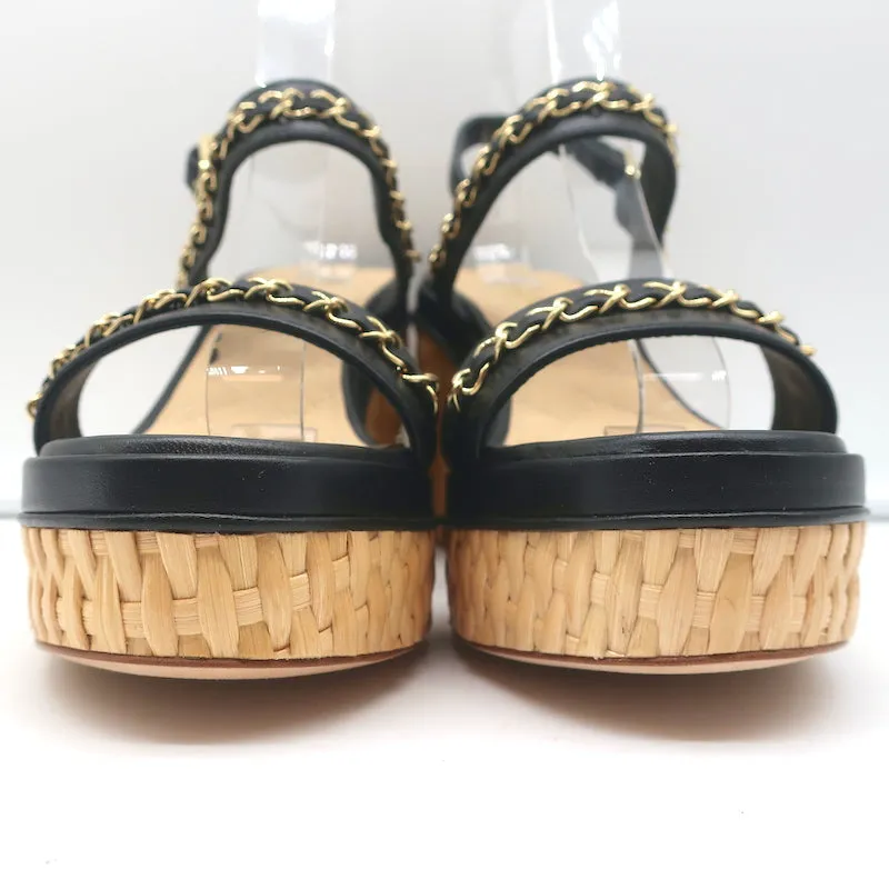 Chanel 20C CC Chain Wicker Platform Wedge Sandals Black Leather Size 39.5 NEW