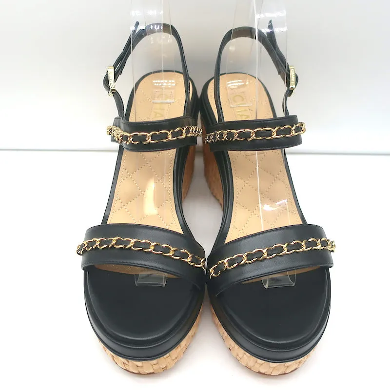 Chanel 20C CC Chain Wicker Platform Wedge Sandals Black Leather Size 39.5 NEW