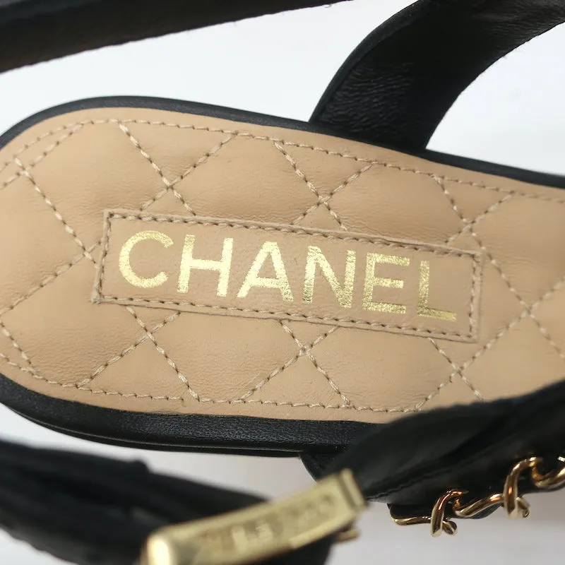 Chanel 20C CC Chain Wicker Platform Wedge Sandals Black Leather Size 39.5 NEW