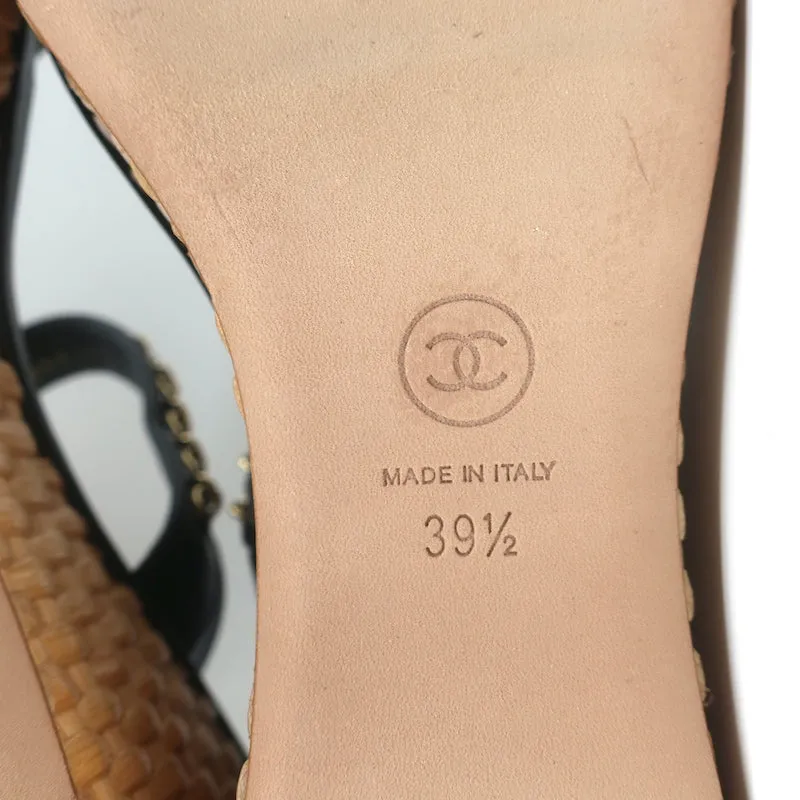 Chanel 20C CC Chain Wicker Platform Wedge Sandals Black Leather Size 39.5 NEW