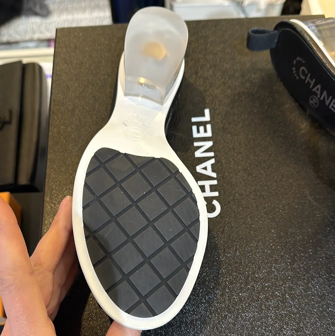 Chanel Black PVC Sandal with CHA-NEL in leather and Clear Chunky Heel