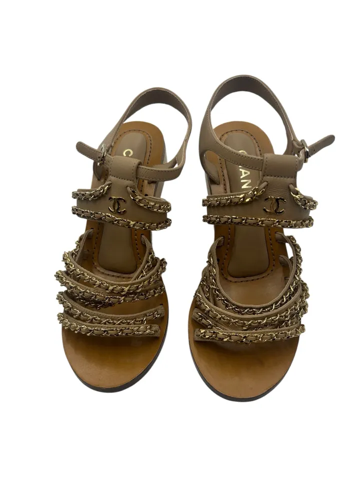 Chanel CC Lambskin Multi Chain Wedge Sandals Women's size 36 = US 6