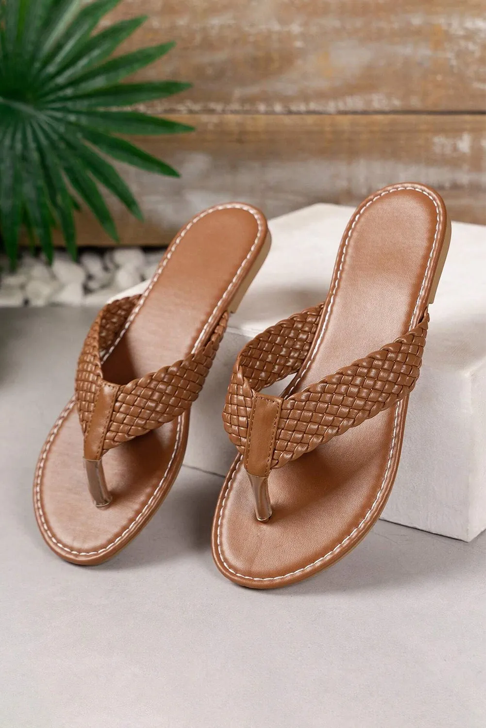 Chestnut Braided Strap Leather Flip Flop