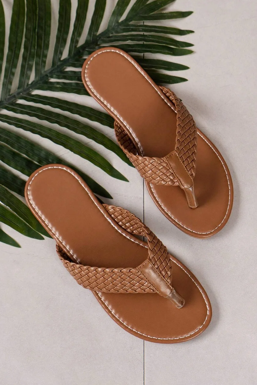 Chestnut Braided Strap Leather Flip Flop