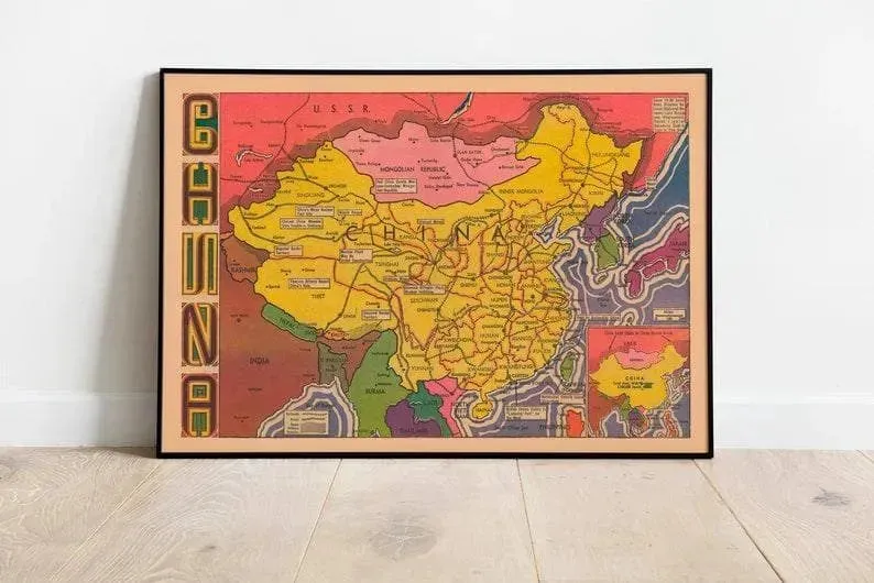 China Map Poster| Vintage Map China Wall Print