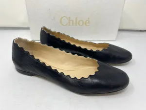 Chloe Lauren Black Leather Scalloped Round Toe Flats
