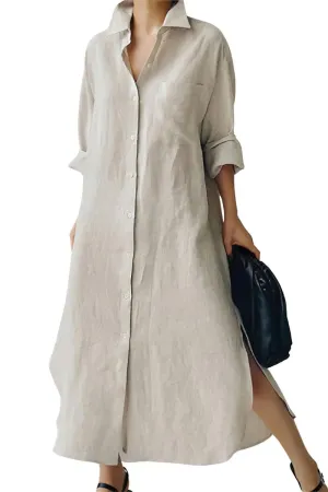 Chouyatou Women's Spring Button Down Cotton Shirt Dress Summer Flowy Side Slit Maxi Shift Dress