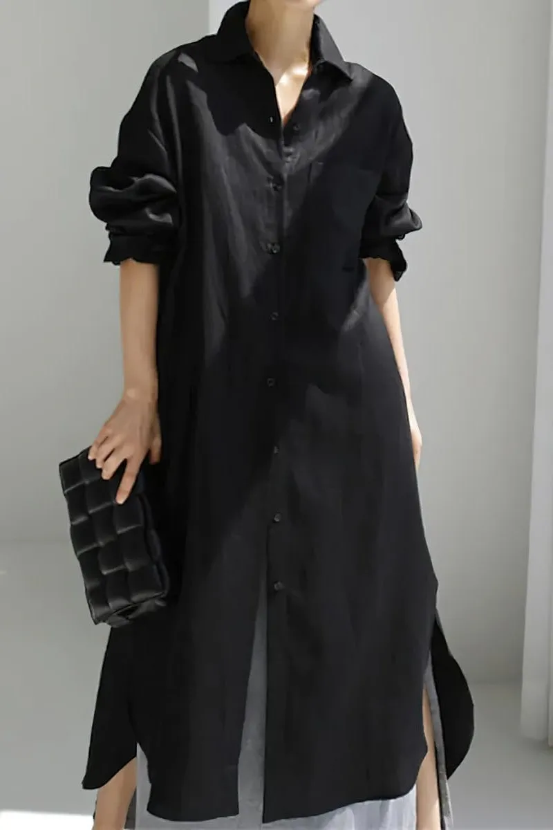 Chouyatou Women's Spring Button Down Cotton Shirt Dress Summer Flowy Side Slit Maxi Shift Dress