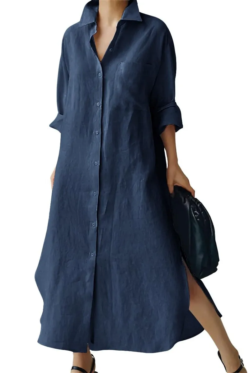 Chouyatou Women's Spring Button Down Cotton Shirt Dress Summer Flowy Side Slit Maxi Shift Dress