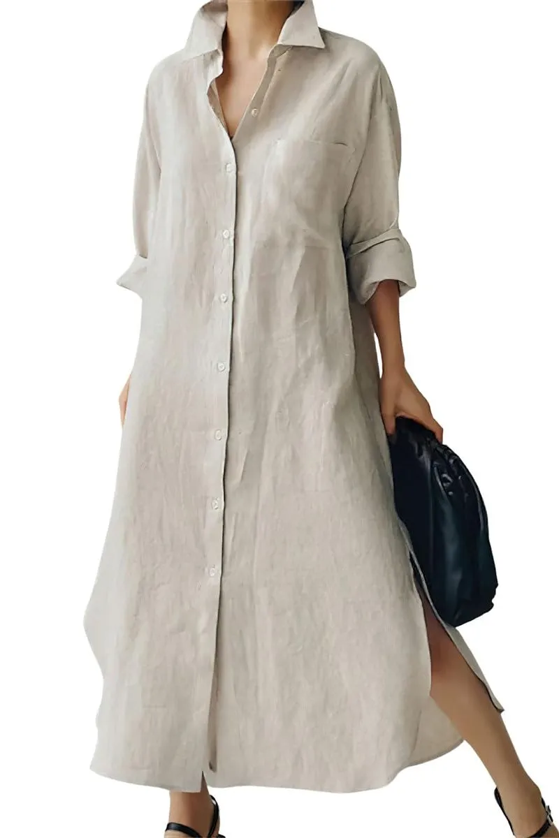 Chouyatou Women's Spring Button Down Cotton Shirt Dress Summer Flowy Side Slit Maxi Shift Dress