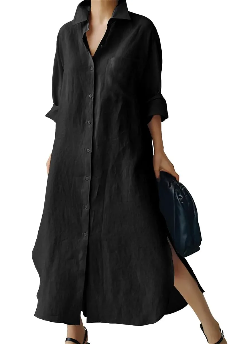 Chouyatou Women's Spring Button Down Cotton Shirt Dress Summer Flowy Side Slit Maxi Shift Dress