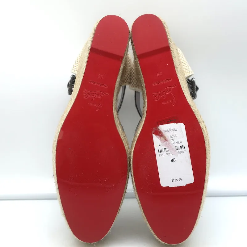 Christian Louboutin Amelina Wedge Sandals Silver Croc-Print Leather Size 38 NEW