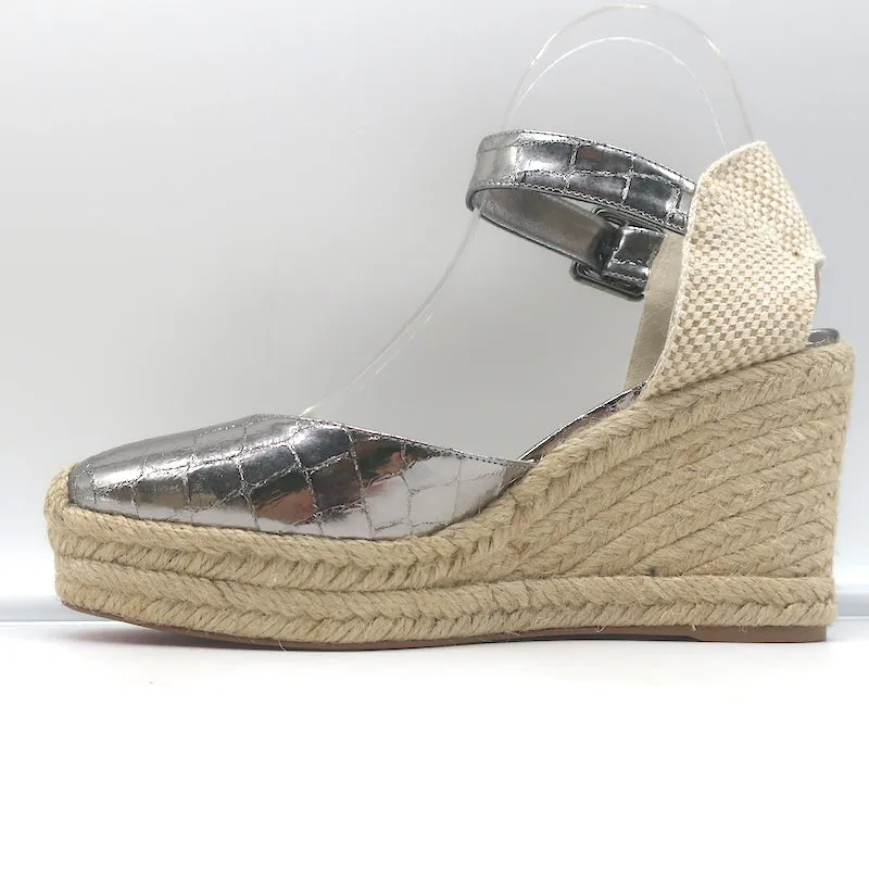 Christian Louboutin Amelina Wedge Sandals Silver Croc-Print Leather Size 38 NEW
