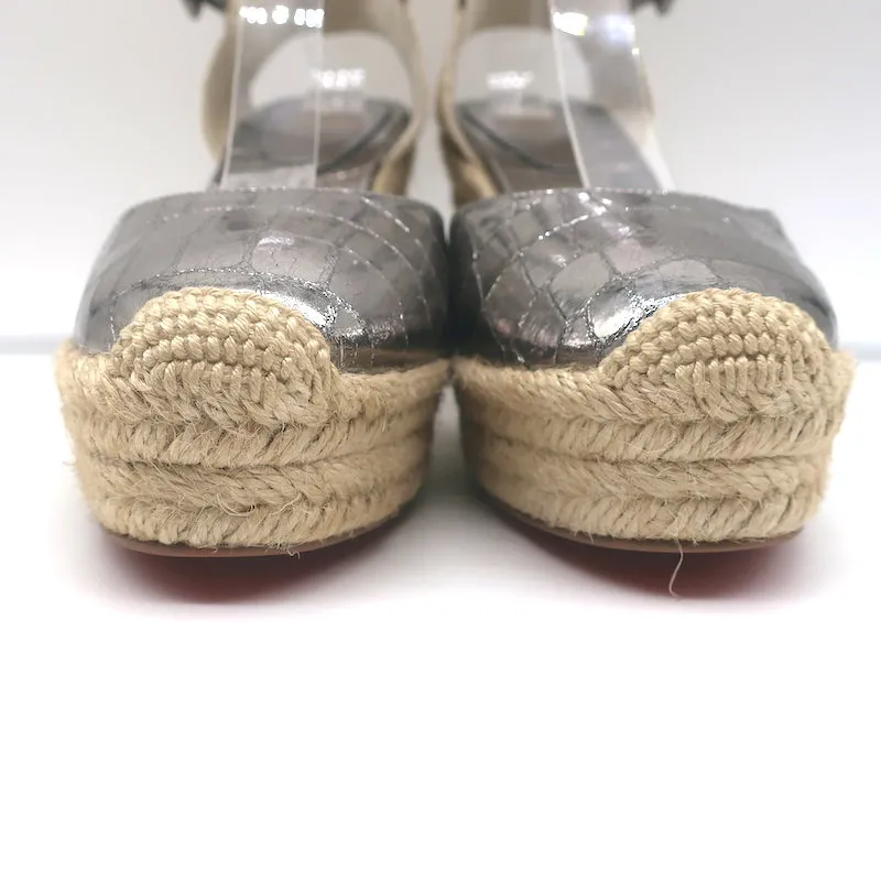 Christian Louboutin Amelina Wedge Sandals Silver Croc-Print Leather Size 38 NEW