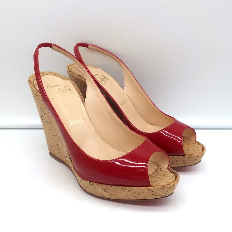 Christian Louboutin Jean Paul 120 Cork Wedge Sandals Red Patent Leather Size 38