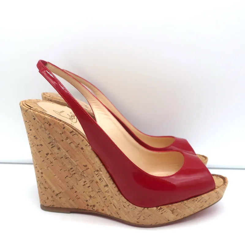 Christian Louboutin Jean Paul 120 Cork Wedge Sandals Red Patent Leather Size 38