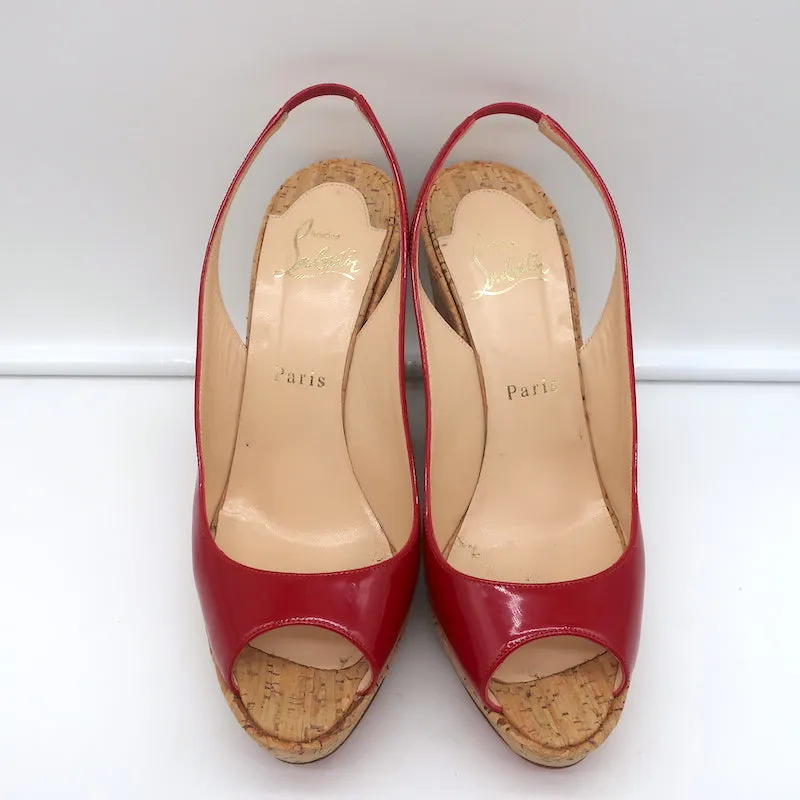 Christian Louboutin Jean Paul 120 Cork Wedge Sandals Red Patent Leather Size 38