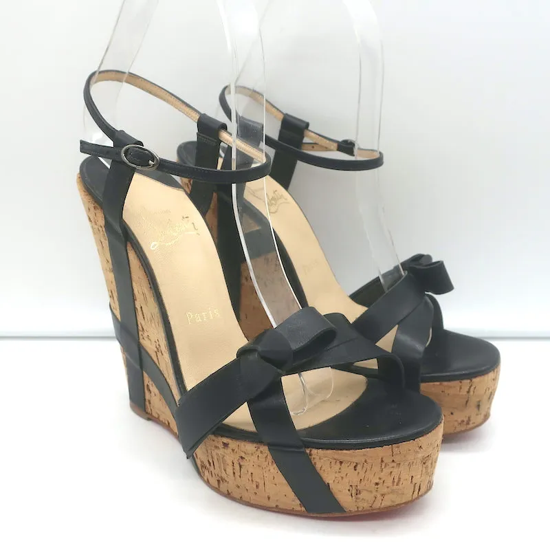 Christian Louboutin Miss Cristo 140 Cork Wedge Sandals Black Leather Size 38