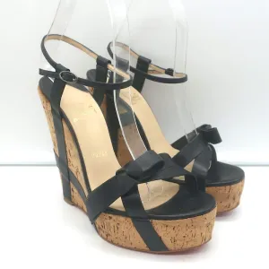 Christian Louboutin Miss Cristo 140 Cork Wedge Sandals Black Leather Size 38