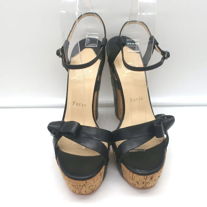 Christian Louboutin Miss Cristo 140 Cork Wedge Sandals Black Leather Size 38