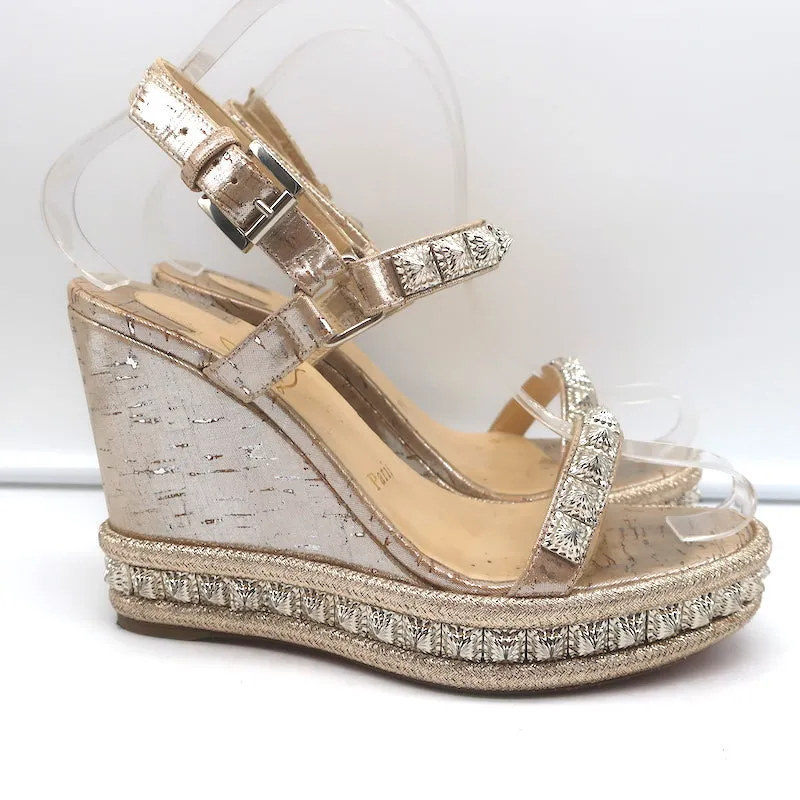 Christian Louboutin Pyradiams 110 Studded Cork Wedge Sandals Silver Size 37