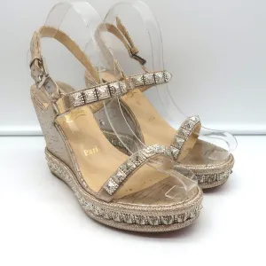 Christian Louboutin Pyradiams 110 Studded Cork Wedge Sandals Silver Size 37