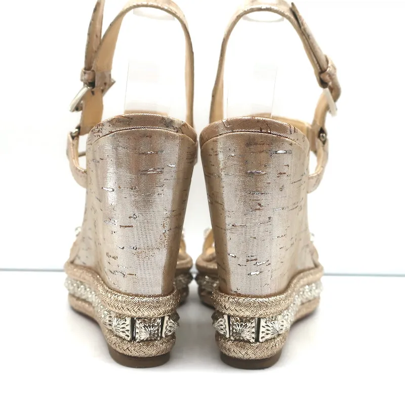 Christian Louboutin Pyradiams 110 Studded Cork Wedge Sandals Silver Size 37