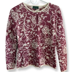 Classic Alpaca Cardigan in Purple and Tan Paisley Print Size Small 100% Alapaca
