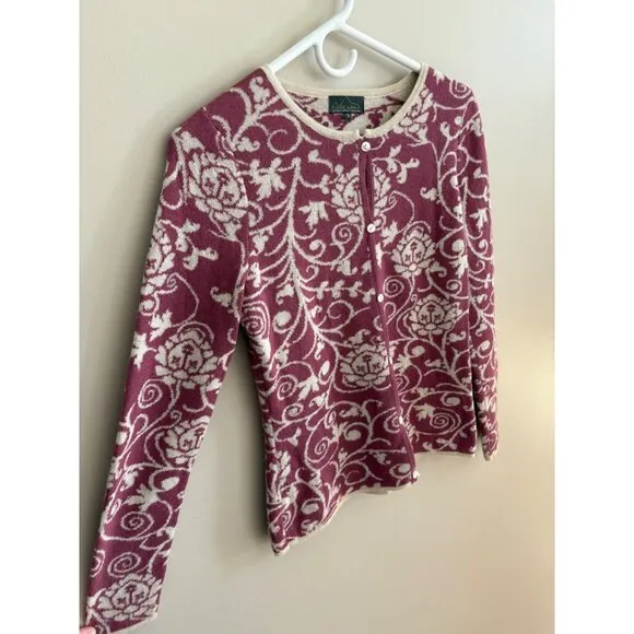Classic Alpaca Cardigan in Purple and Tan Paisley Print Size Small 100% Alapaca