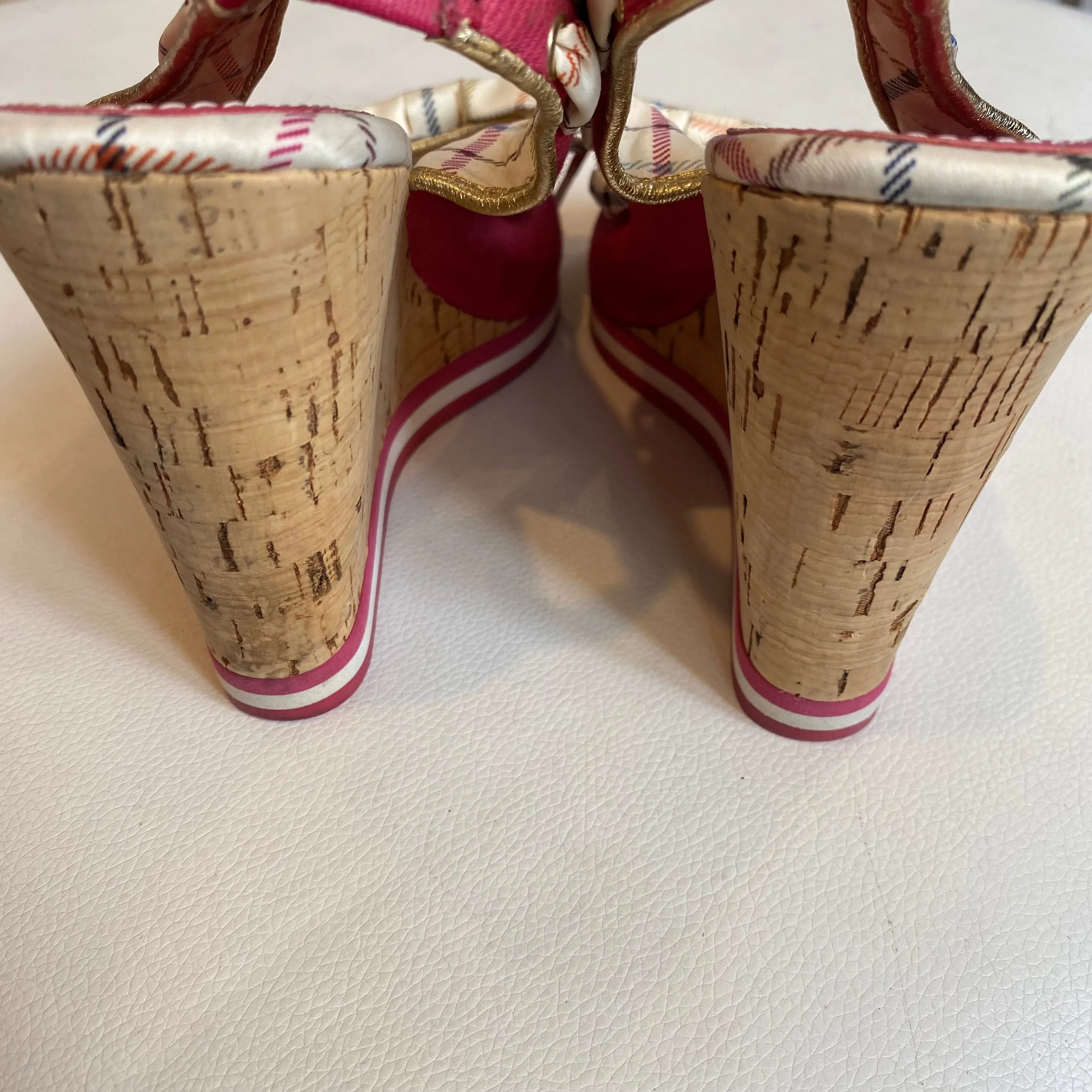 COACH Wedge Sandals Twirling Twill Magenta Plaid Wedge Cork Heel Pink Size 6-6.5