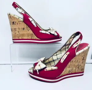 COACH Wedge Sandals Twirling Twill Magenta Plaid Wedge Cork Heel Pink Size 6-6.5
