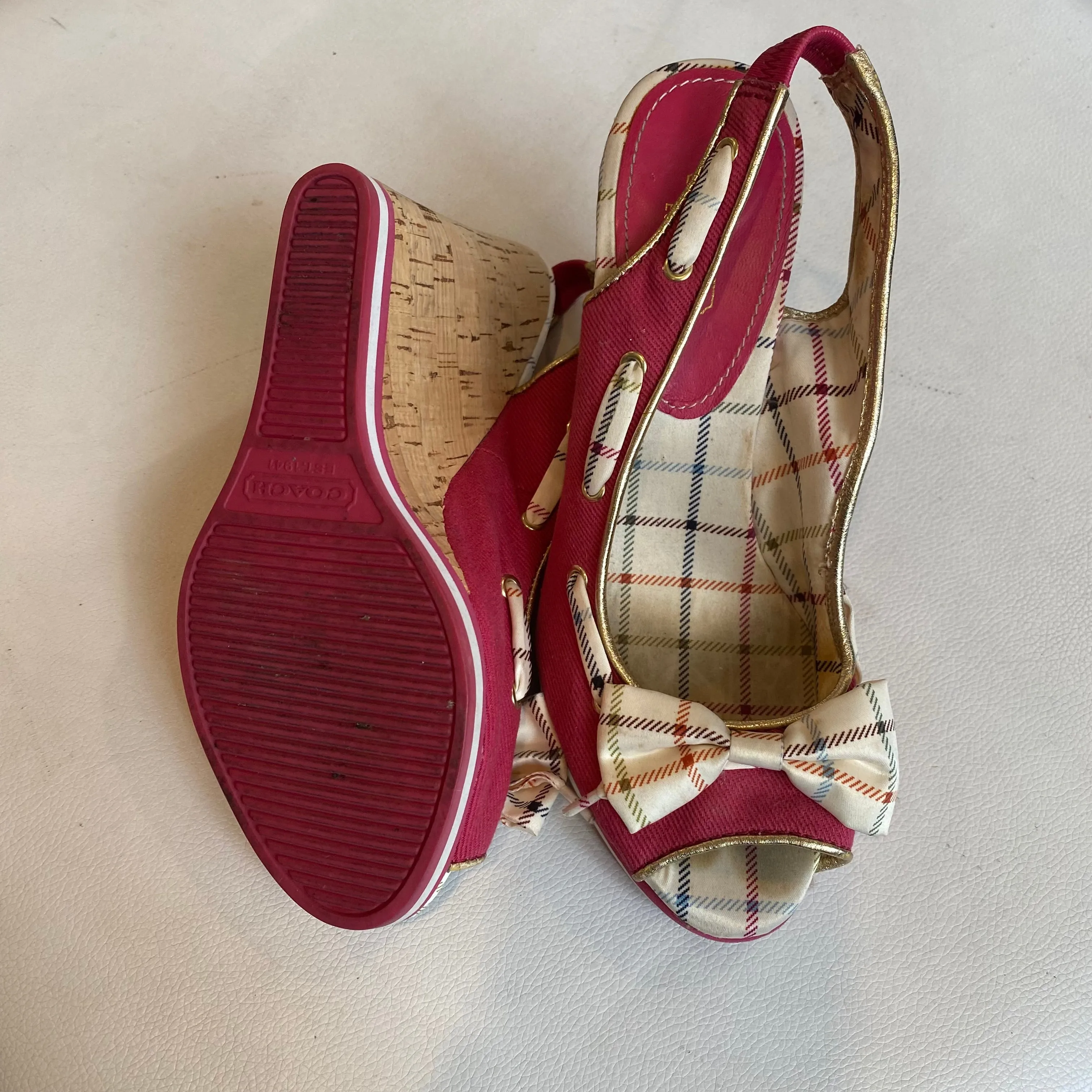 COACH Wedge Sandals Twirling Twill Magenta Plaid Wedge Cork Heel Pink Size 6-6.5