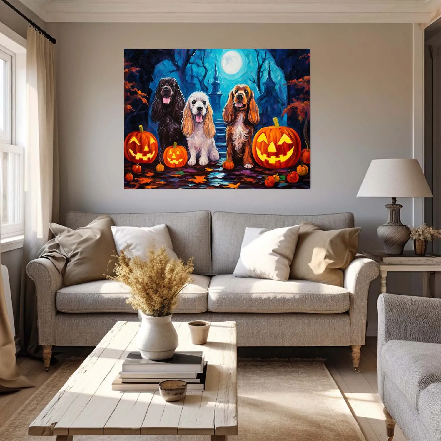 Cocker Spaniels Dog 01 Halloween With Pumpkin Oil Painting Van Goh Style, Wooden Canvas Prints Wall Art Painting , Canvas 3d Art