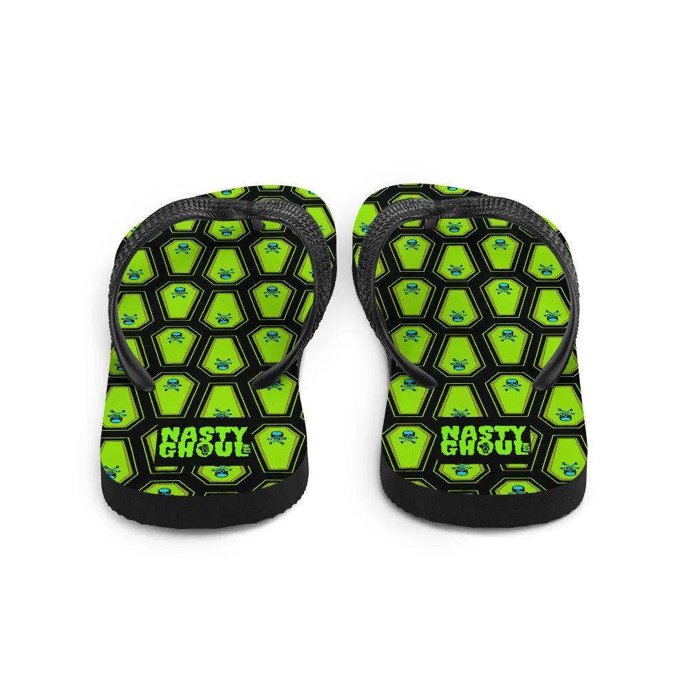 Coffin and Skull Flip-Flops All Over Print Black & Neon Green
