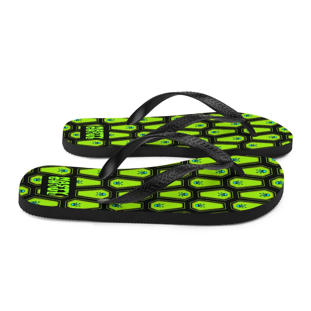 Coffin and Skull Flip-Flops All Over Print Black & Neon Green