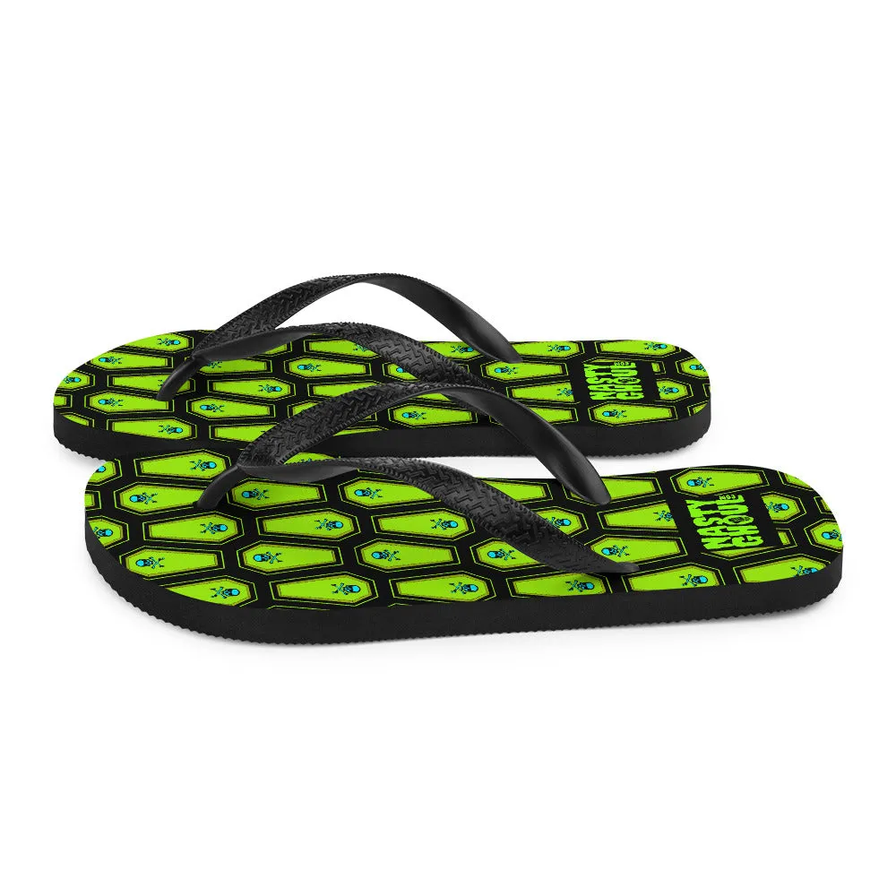 Coffin and Skull Flip-Flops All Over Print Black & Neon Green