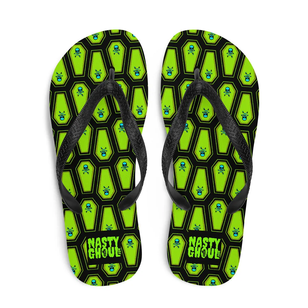 Coffin and Skull Flip-Flops All Over Print Black & Neon Green