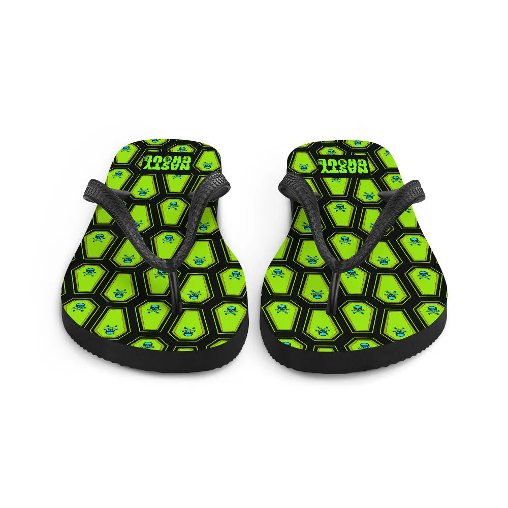 Coffin and Skull Flip-Flops All Over Print Black & Neon Green