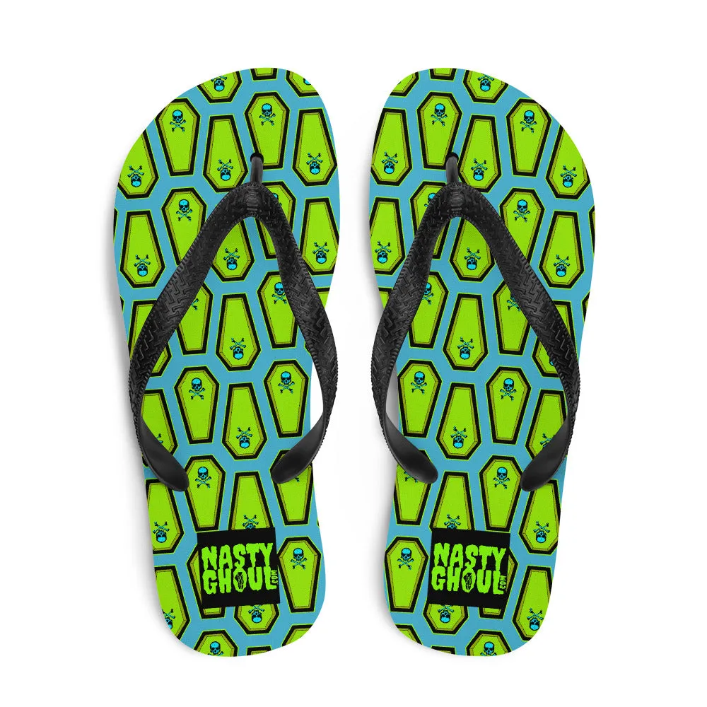 Coffin and Skull Flip-Flops All Over Print / Teal & Neon Green