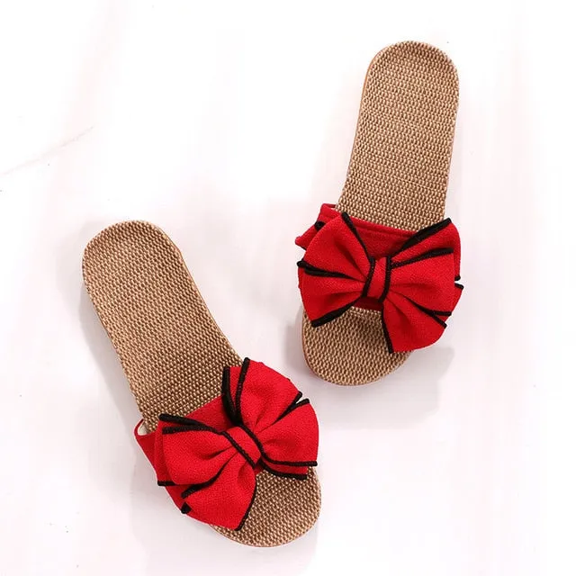Comfortable Flax Slippers Striped Bow Linen Flip Flops