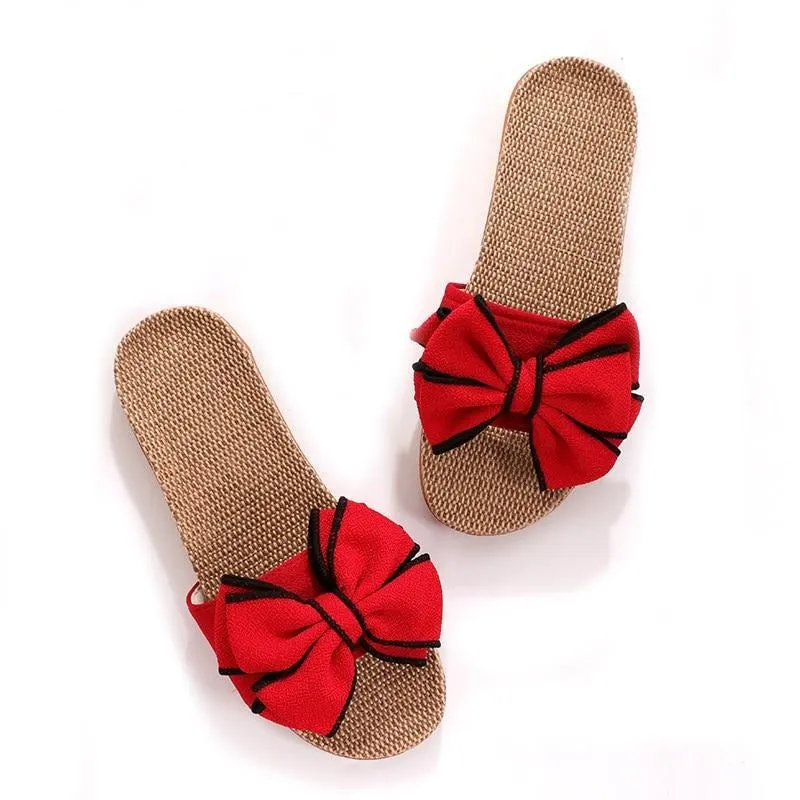 Comfortable Flax Slippers Striped Bow Linen Flip Flops