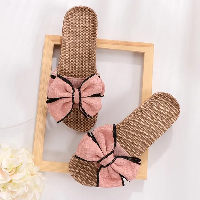 Comfortable Flax Slippers Striped Bow Linen Flip Flops