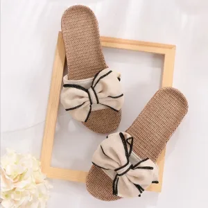 Comfortable Flax Slippers Striped Bow Linen Flip Flops