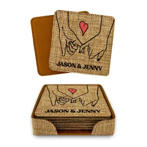 Couple Holding Hands Personalized Coaster Set of 6 Rustic Burlap Vintage Home Decor for Kitchen