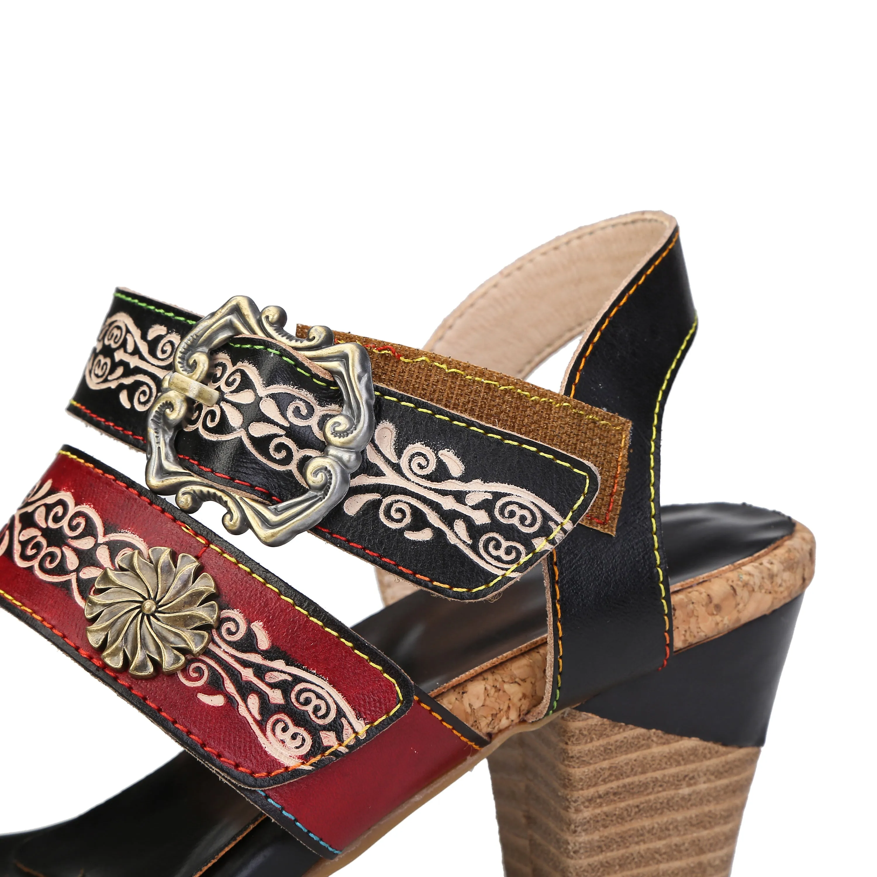 CrazycatZ Leather Block Heel Sandals,Women Leather Bohemian Colorful Sandal Red