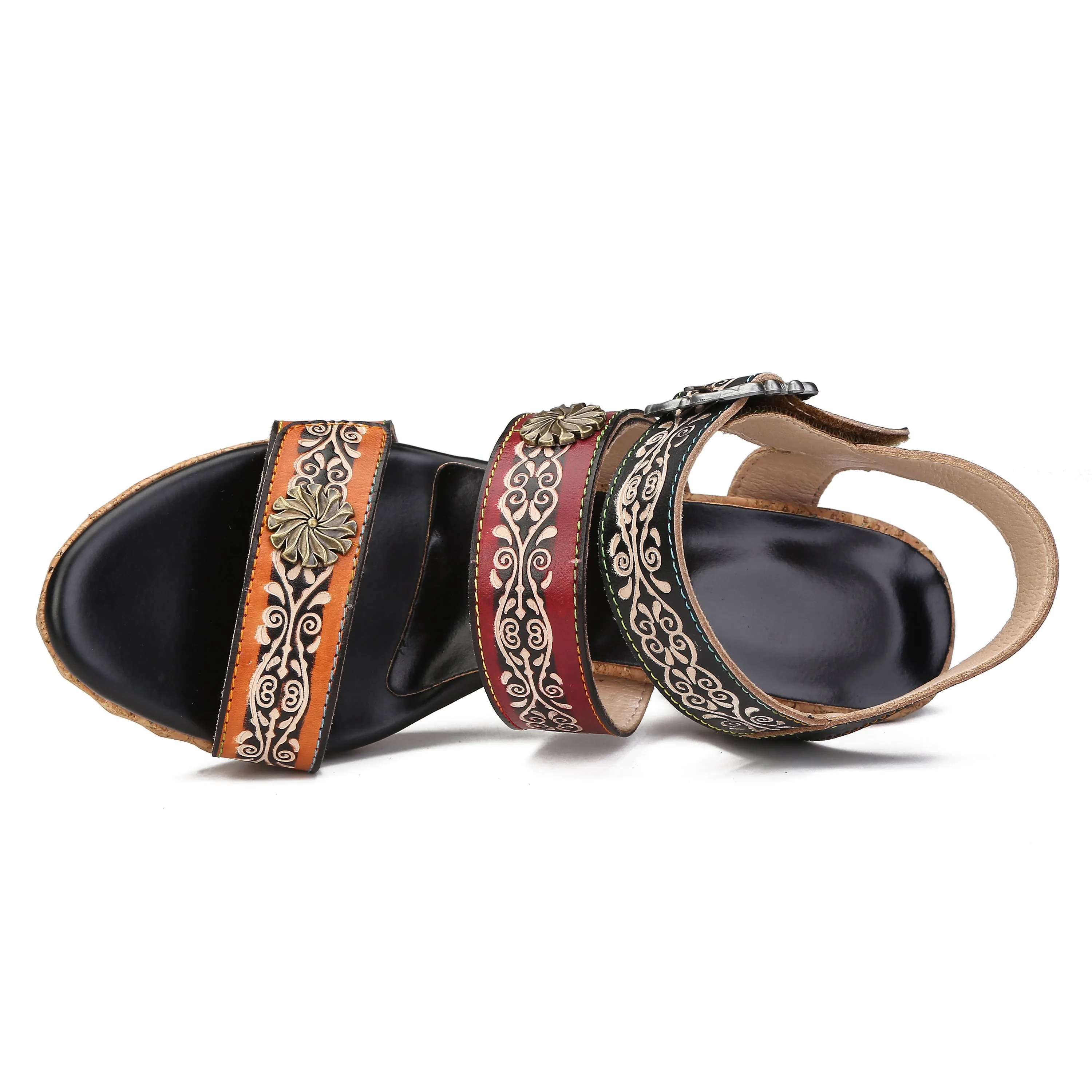 CrazycatZ Leather Block Heel Sandals,Women Leather Bohemian Colorful Sandal Red