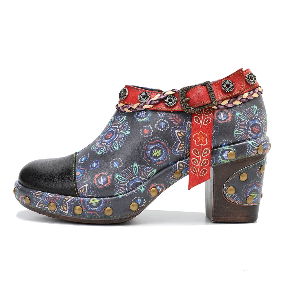 CrazycatZ Leather Pumps,Womens Colorful Vintage Block Heel Oxford Vintage Shoes Pumps 304