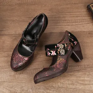 CrazycatZ Women's Leather Mary Jane Shoes Vintage Bohemian Colorful Shoes Floral Mary Jane Shoes